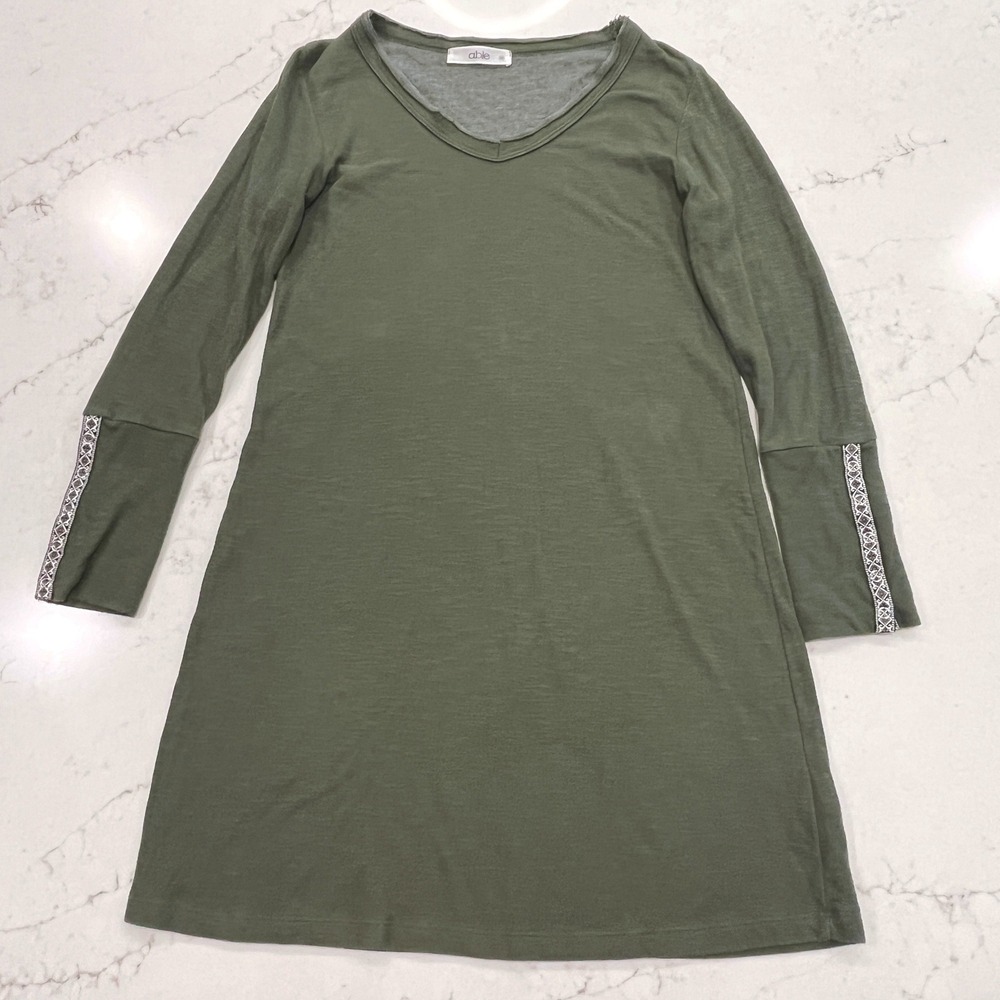 Able Knit Dress Womens M Green Cotton V Neck Embroidered Trim USA Boho Gorpcore